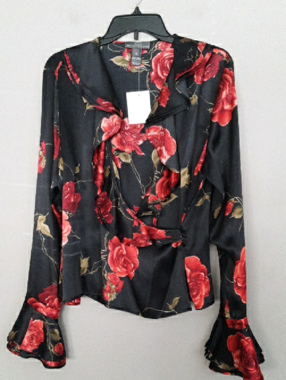 Folio Saks Fifth Avenue Floral Silk Wrap Blouse - Black with Red Rose Print